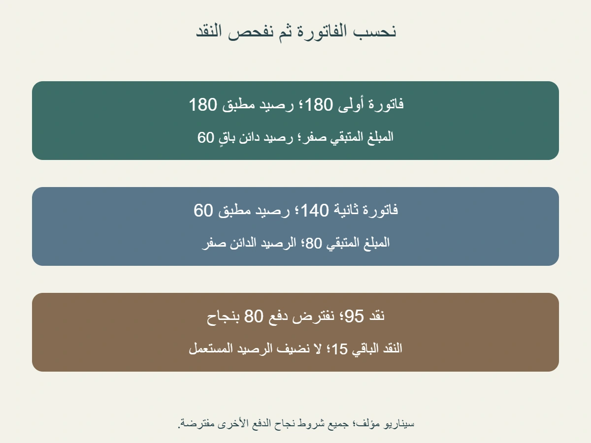 مسار مؤلف: فاتورة180 تستخدم رصيدًا180 ويبقى رصيد60، ثم فاتورة140 يستخدم لها60 فتبقى80؛ من نقد95 يفترض دفع80 ويبقى15