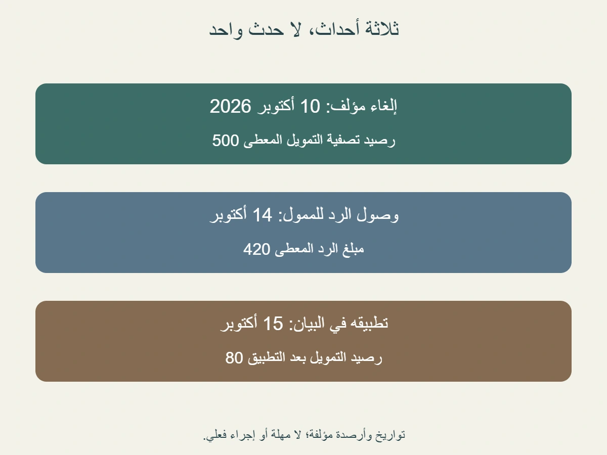 ثلاث بطاقات أصلية لأحداث مؤلفة: إلغاء10أكتوبر، وصول رد420إلى الممول14أكتوبر، تطبيقه15أكتوبر على تصفية500 فيبقى80
