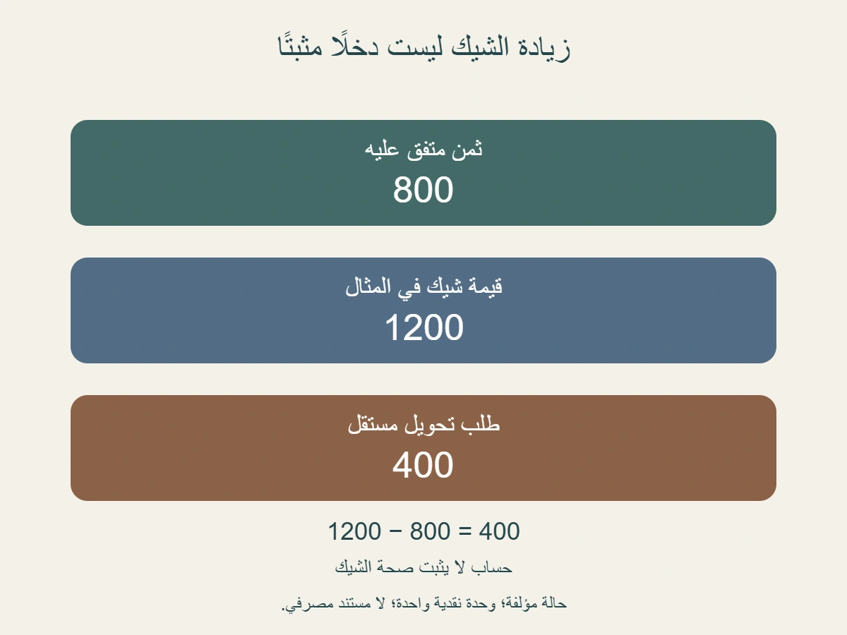 مثال مؤلف: ثمن البيع 800 وقيمة الشيك 1200 وطلب تحويل مستقل 400؛ الفرق الحسابي لا يثبت صحة الشيك