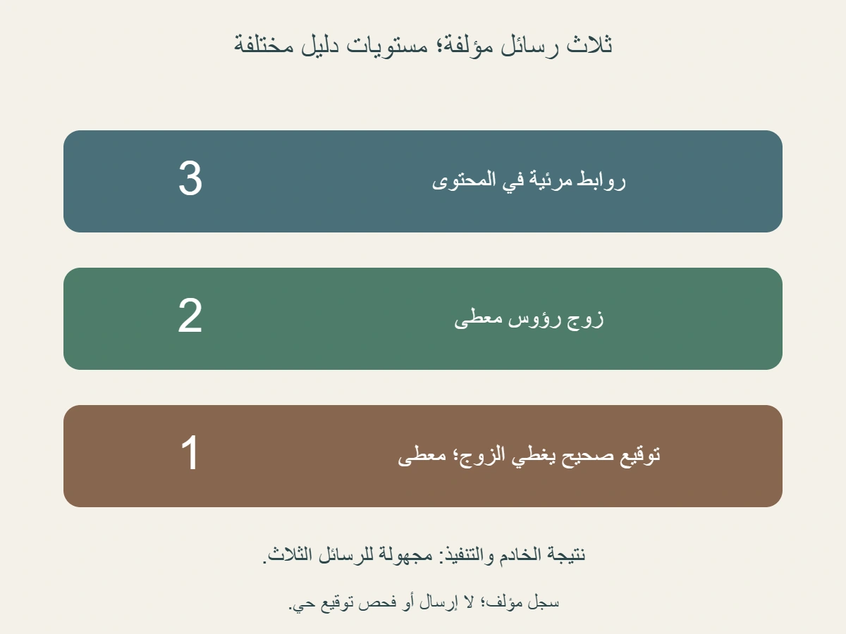 مقارنة مؤلفة لثلاث رسائل:3 روابط مرئية وزوجان معطيان من الرؤوس وتوقيع واحد معطى يغطيهما؛ التنفيذ مجهول للجميع