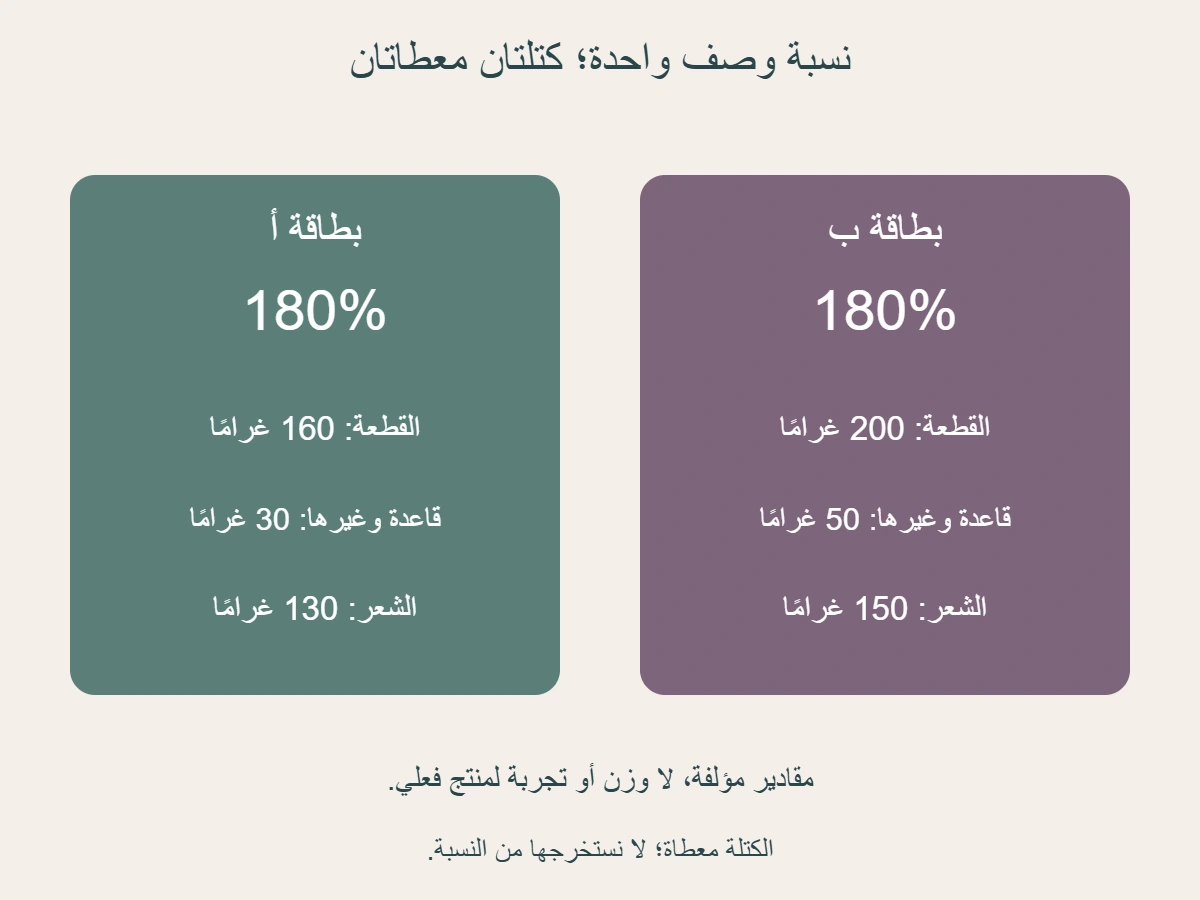 بطاقتان مؤلفتان بنسبتي كثافة 180%لكلتيهما؛ الأولى قطعة 160 غرامًا تشمل 30 غرامًا للقاعدة وغيرها وشعر 130 غرامًا، والثانية 200 تشمل 50 وشعر 150