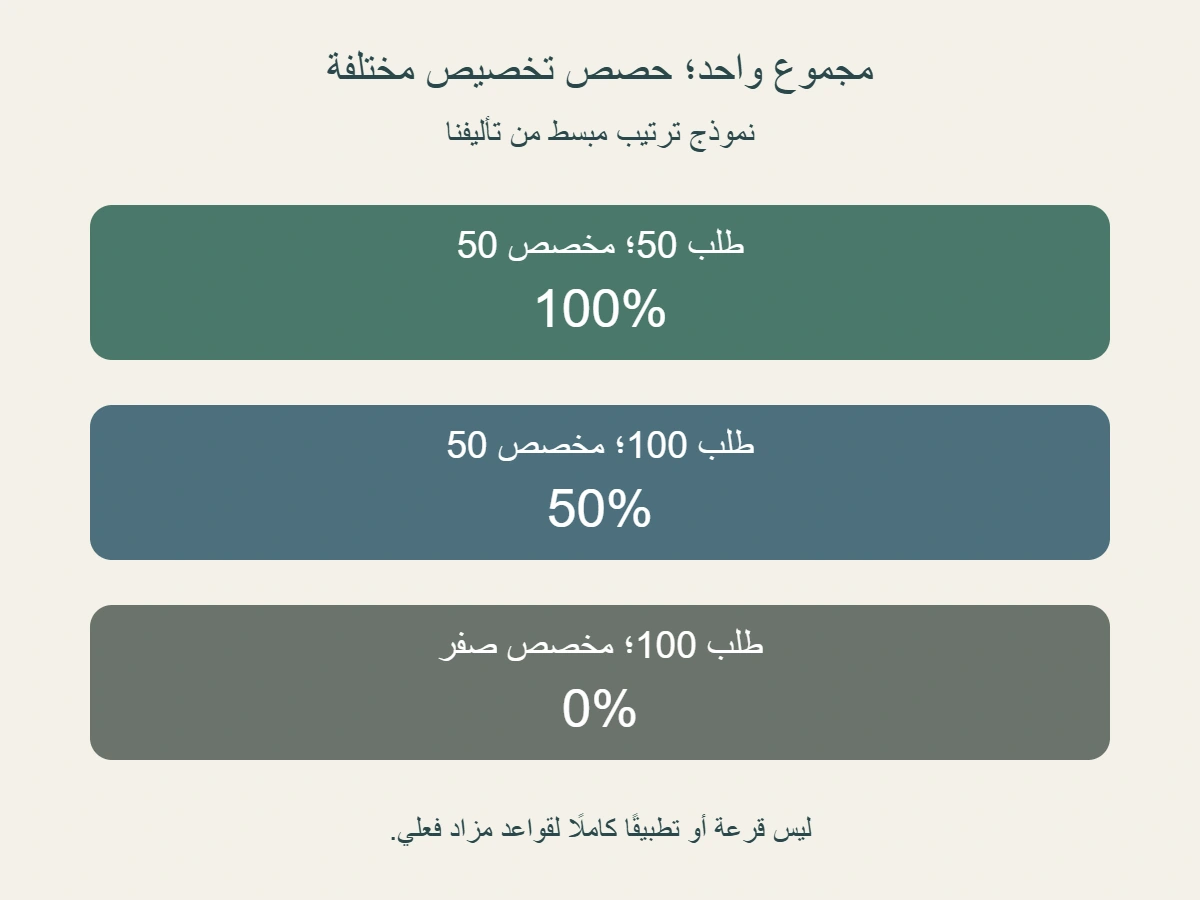 نموذج ترتيب مبسط:طلبات 50 و 100 و 100، ومخصصات 50 و 50 وصفر؛ المجموع المطلوب 250 والمخصص 100، لكن حصص التخصيص 100%و 50%وصفر
