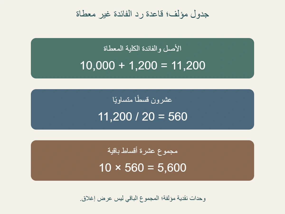 جدول مستقل مؤلف: أصل 10000 وفائدة كلية معطاة 1200، الإجمالي 11200 مقسم إلى 20 قسطًا 560؛ بعد 10 أقساط يبقى مجموع 5600 ولا تعطى قاعدة رد الفائدة