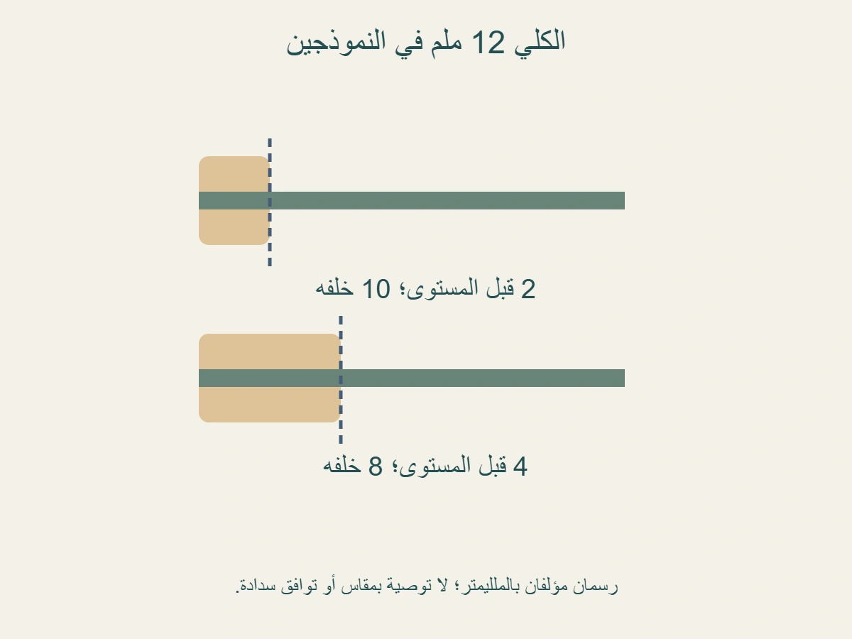 نموذجان مؤلفان بطول ساق كلي 12 ملم: الأول 2 قبل المستوى و 10 خلفه؛ الثاني 4 قبل المستوى و 8 خلفه