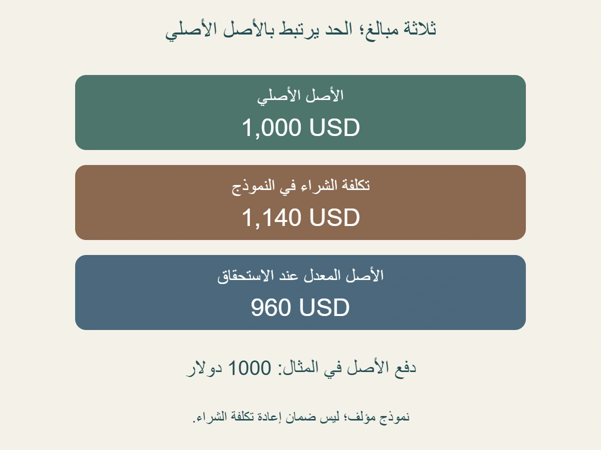 نموذج مؤلف بالدولار: أصل أصلي 1000 وتكلفة شراء 1140 وأصل معدل 960 عند الاستحقاق؛ دفع الأصل 1000 وفق الأكبر بين الأصلي والمعدل