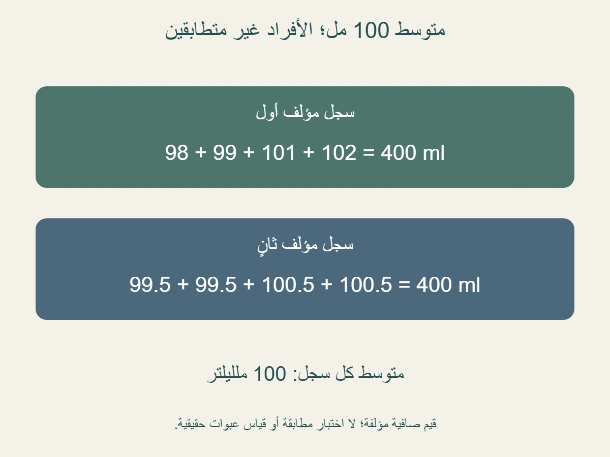سجلان مؤلفان لكميات صافية بالملليلتر:98 و 99 و 101 و 102، والثاني 99.5 و 99.5 و 100.5 و 100.5؛ المجموع 400 والمتوسط 100 لكل سجل