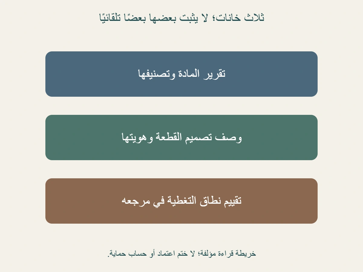 ثلاث خانات منفصلة: تقرير المادة، ووصف تصميم القطعة، وتقييم نطاق التغطية؛ وجود خانة لا يجعل الخانتين الأخريين مثبتتين تلقائيًا