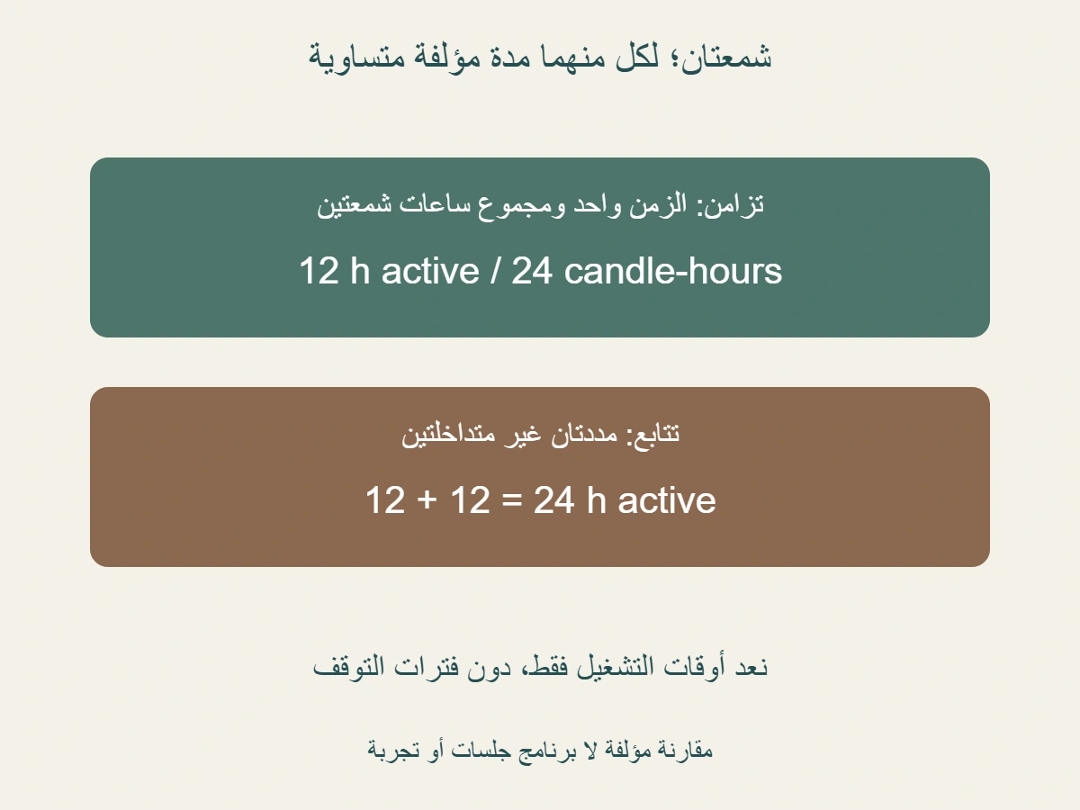 شمعتان مؤلفتان لكل منهما 12 ساعة تشغيل تراكمية: تطابق الأوقات يعطي 12 ساعة تشغيل محسوبة و24 ساعة شمعة؛ عدم التداخل يعطي 24 ساعة تشغيل محسوبة، مع استبعاد التوقفات