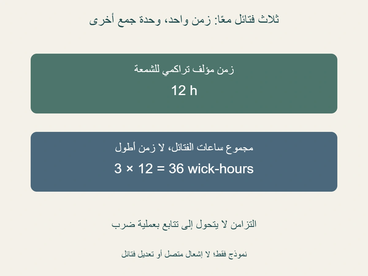 نموذج مؤلف: ثلاث فتائل متزامنة في 12 ساعة تراكمية تعطي 36 ساعة فتيل، لكن زمن الشمعة يبقى 12 ساعة، لا 36 ساعة