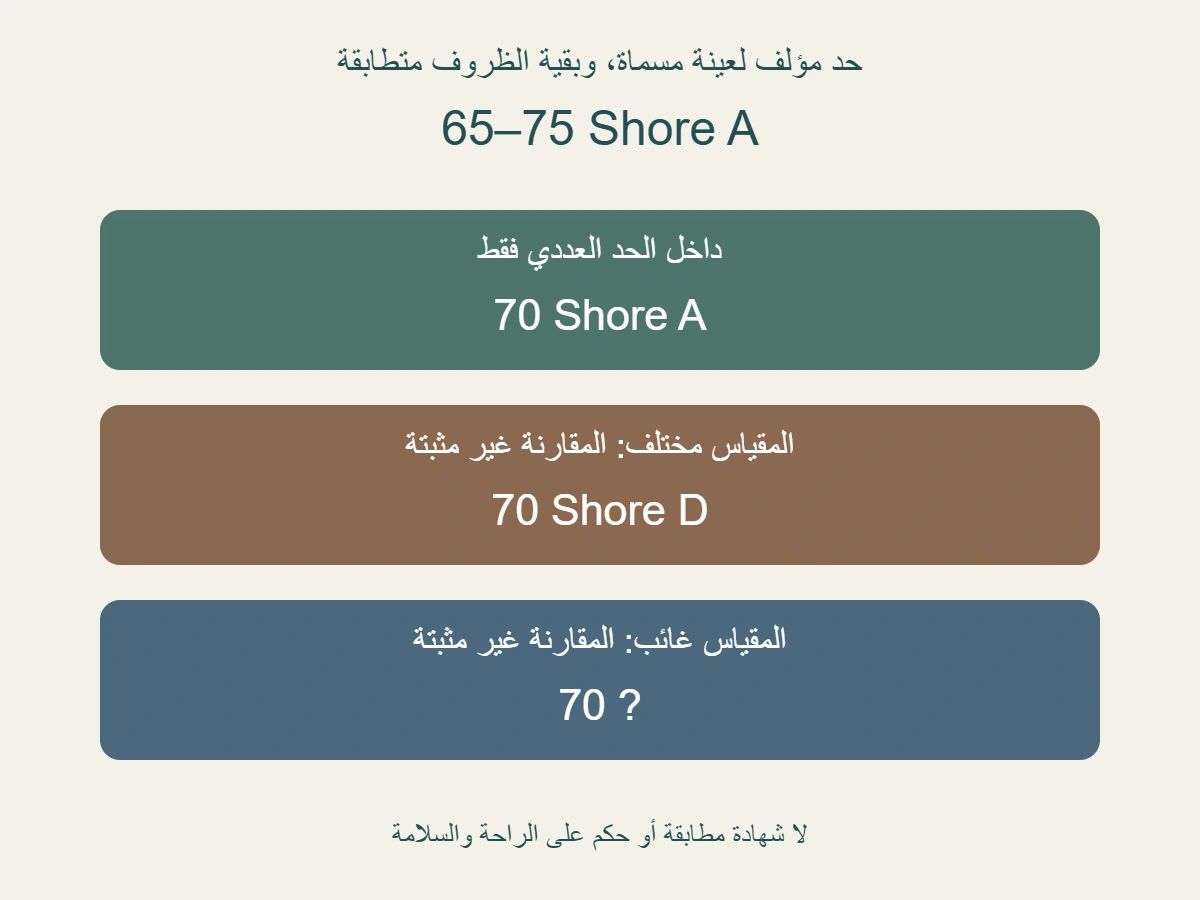 حد مؤلف من 65 إلى 75 شور A: سجل 70 A داخل الحد العددي مع تطابق بقية الظروف بالافتراض؛ 70 D أو 70 بلا مقياس لا يثبتان المقارنة