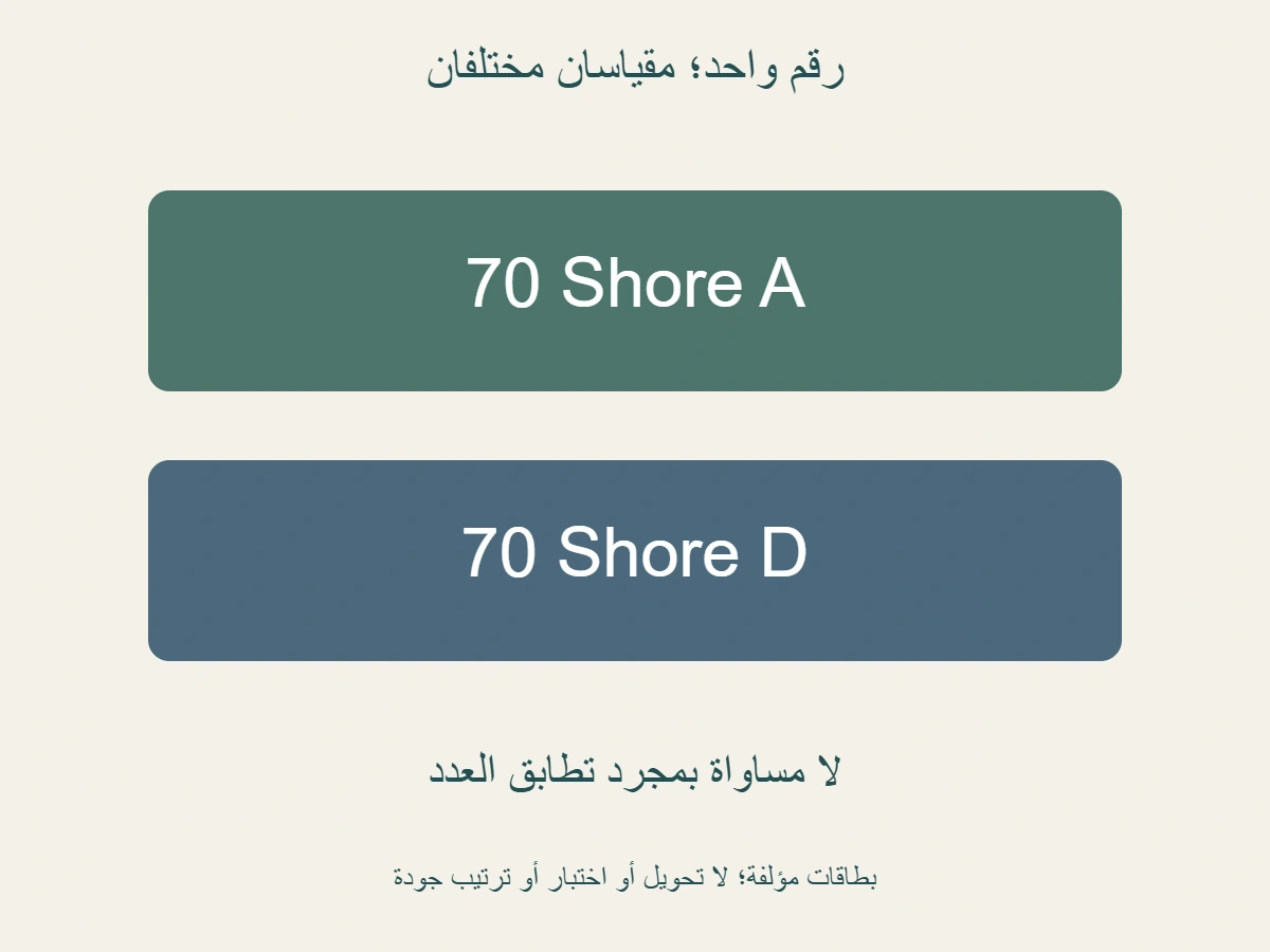 بطاقتان مؤلفتان 70 شور A و 70 شور D؛ العدد متطابق لكن المقياس مختلف، دون تحويل أو اختبار حذاء