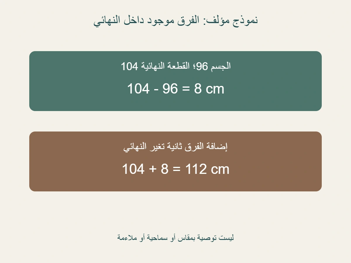 نموذج مؤلف: محيط جسم 96 ومحيط قطعة 104 والفرق 8 داخل 104؛ إضافة 8 مرة أخرى تعطي 112 وتغير المعطى