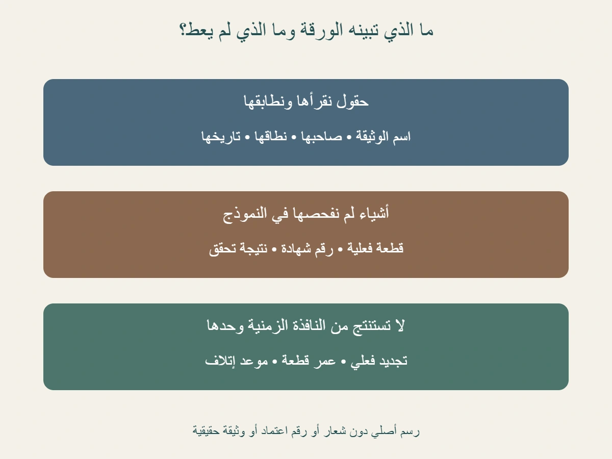 رسم قراءة مستقل: اسم الوثيقة وصاحبها ونطاقها وتواريخها حقول للمطابقة؛ نتيجة تحقق فعلية وتجديد وعمر قطعة الملابس غير معطاة في النموذج