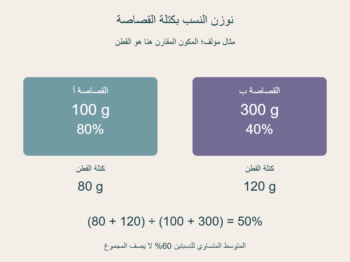مثال مؤلف: قصاصة 100 غرام بقطن 80 بالمئة وقصاصة 300 غرام بقطن 40 بالمئة تجمعان 200 غرام قطن ضمن 400 غرام، أي 50 بالمئة