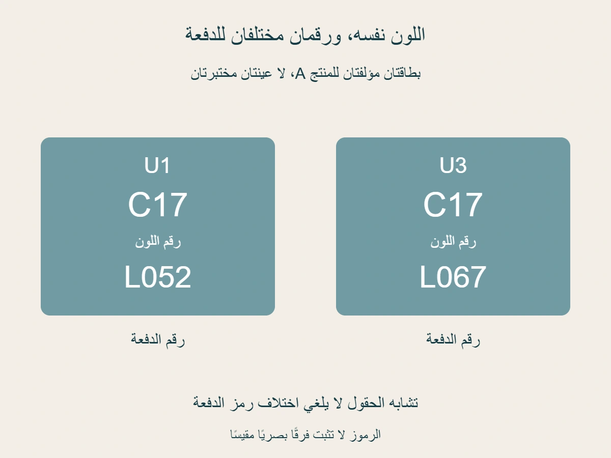 بطاقتان مؤلفتان للمنتج A واللون C17؛ الدفعة L052 في الأولى و L067 في الثانية. الرمزان مختلفان دون ادعاء فرق لون مرئي مقيس