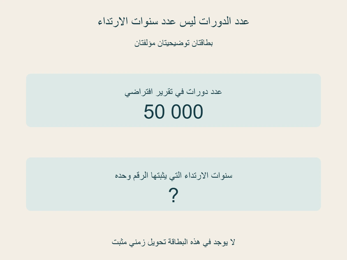 بطاقة رمزية بعدد 50000 دورة احتكاك، وبطاقة عمر بالسنوات تحمل علامة استفهام؛ العدد وحده لا يقدم تحويلًا زمنيًا